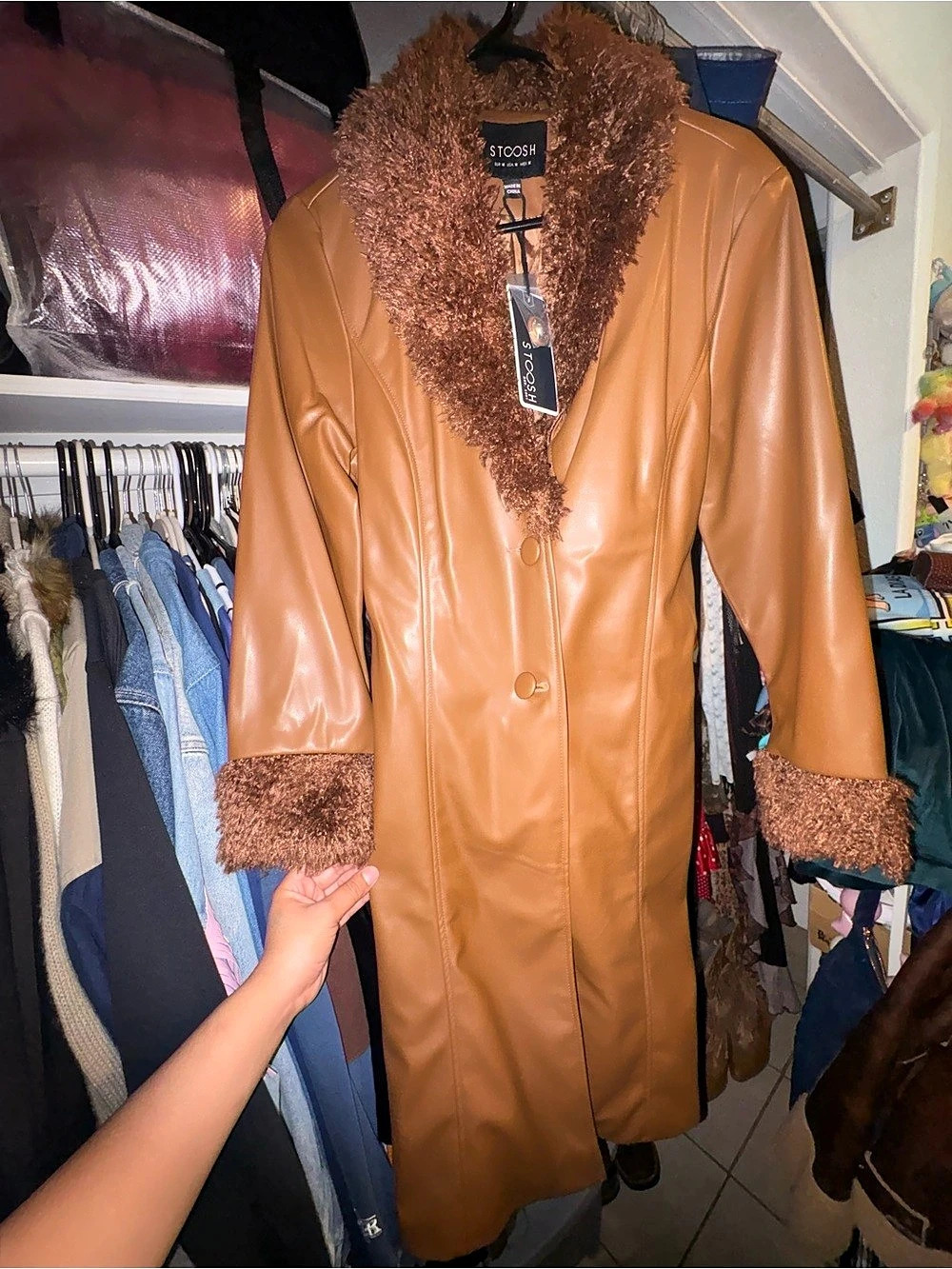 STCOSH Faux Fur Trim Leather-Look Coat in Brown NWT